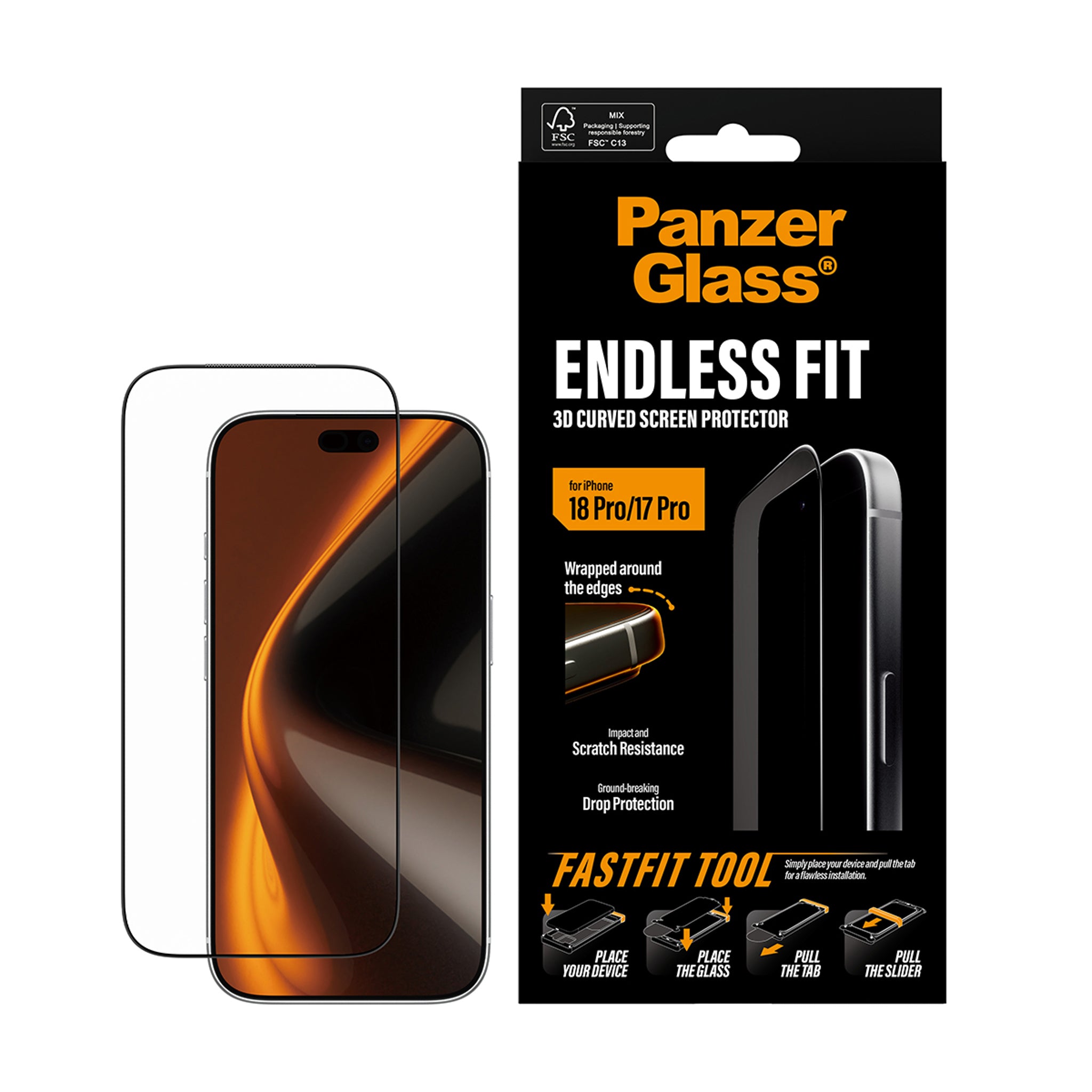 PanzerGlass® Endless Fit 3D Curve Skærmbeskyttelse iPhone 18 Pro | 17 Pro m. FastFit Tool